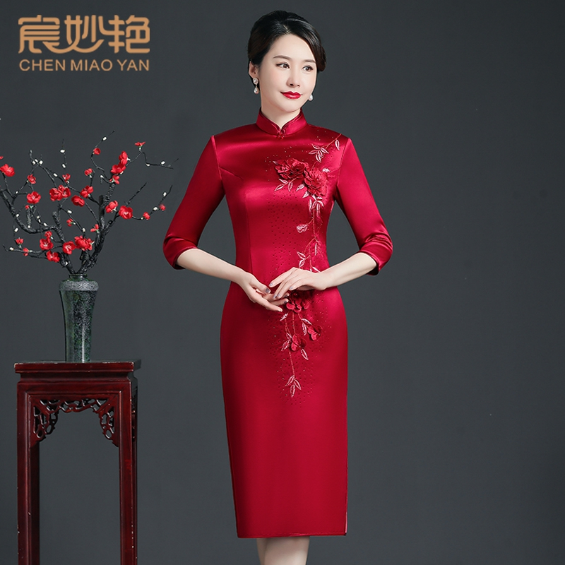 醋酸緞旗袍裙（大紅色）